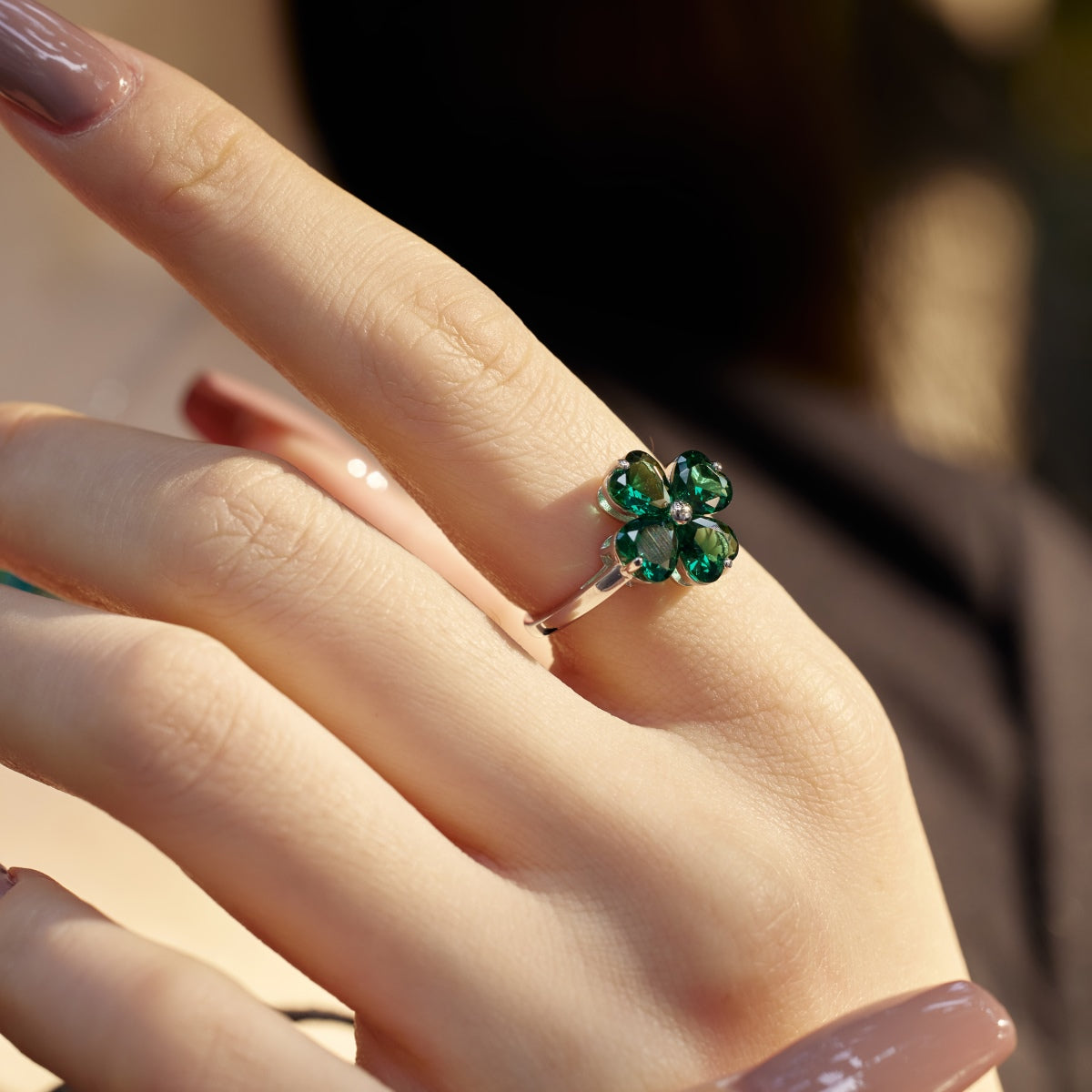 [Noble Jewelry]Heart-shaped Four-Leaf Clover Ball Ring