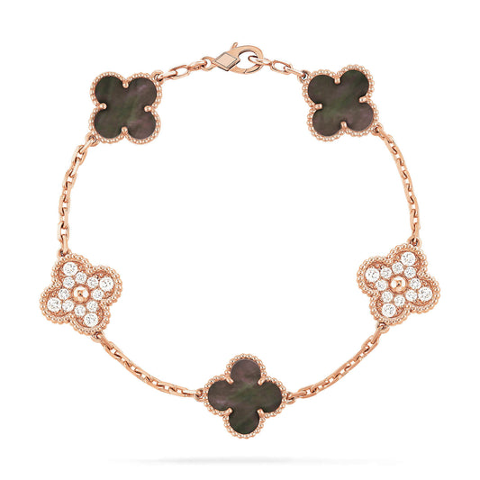 [Edler Schmuck]CLOVER 5 MOTIFS DARK MOP UND DIAMANTEN ROSA GOLD ARMBAND 