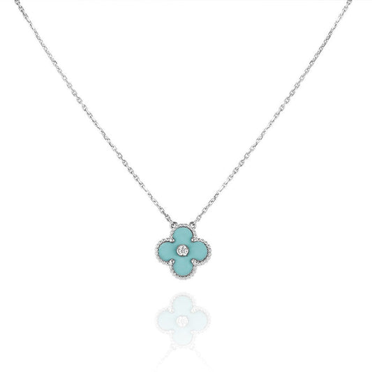 [Edler Schmuck]CLOVER 1 DIAMANT HELLBLAU SILBER HALSKETTE